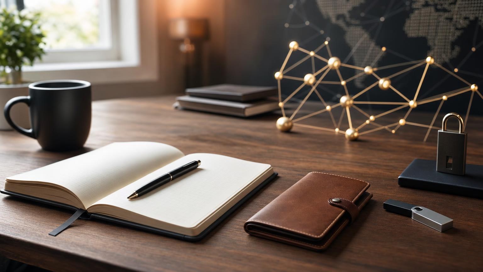 A crypto transaction journal beside a hardware wallet, showing a two-pass checklist for verifying addresses, networks, amounts, and transaction IDs